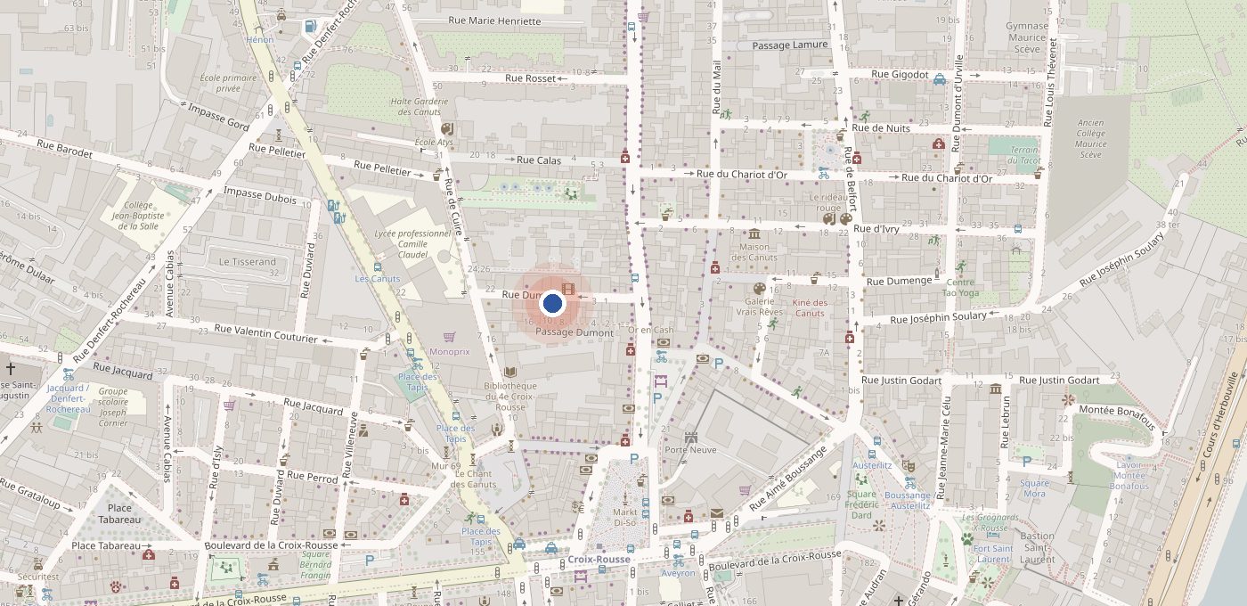 Plan du quartier de la Croix-Rousse : le cabinet est rue Dumont, à quelques minutes à pied du métro Croix-Rousse.
